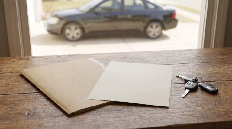 Model sedan on a desk beside loan documents and a pen