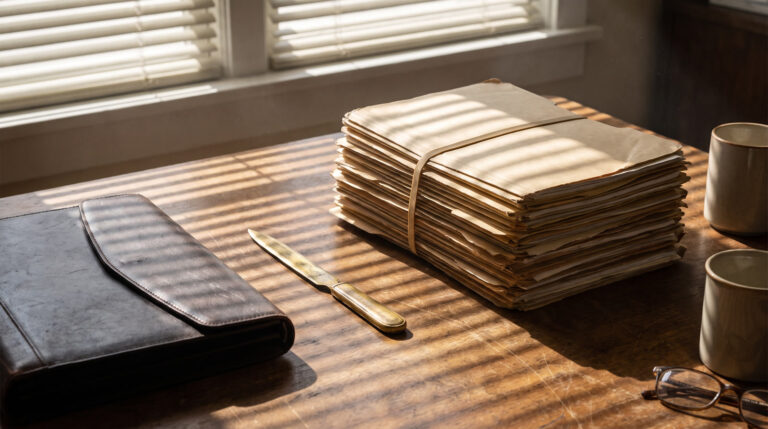 Stack of bound legal volumes on a wooden desk