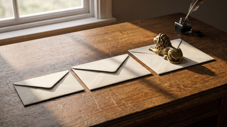 Row of paper statements fanned across a wooden desk by a window