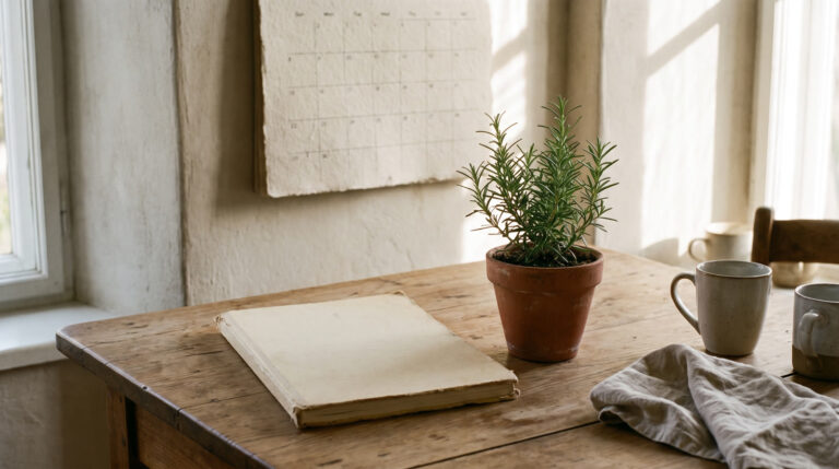 Sunlit room with a potted plant and wooden bench