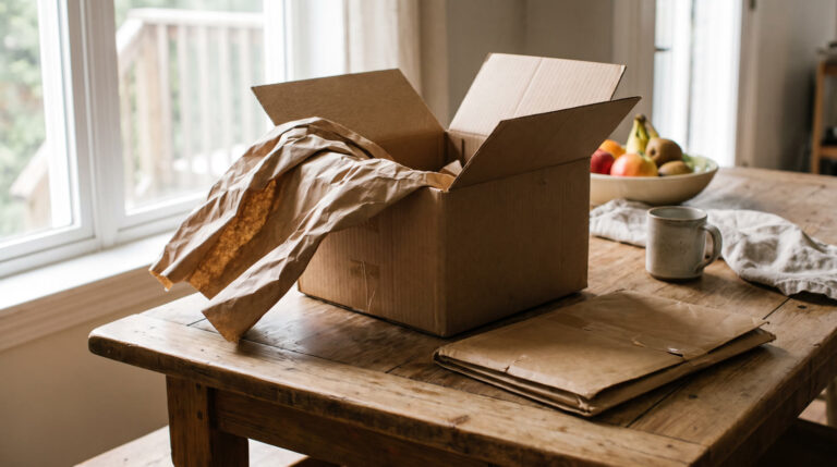 Cardboard delivery boxes stacked by a window