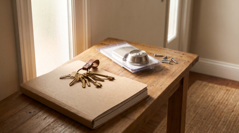 House keys and paperwork on a wooden table