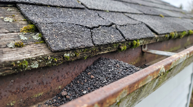 Damaged asphalt shingle roof on a house