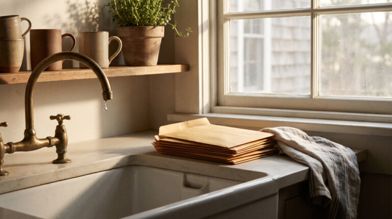 Household bills and a notebook on a desk