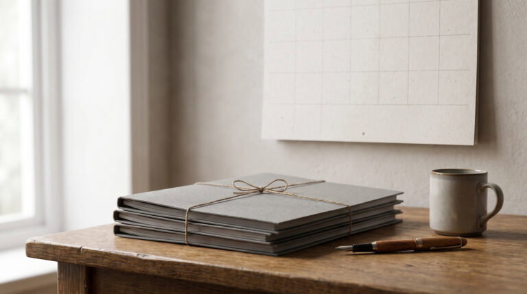 Enrollment paperwork and folder on a plain desk