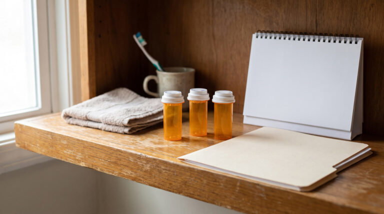 Prescription bottles and a notepad on a counter