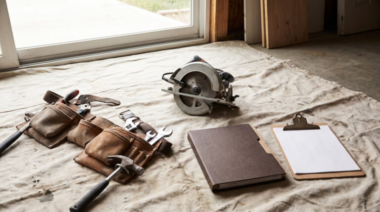 Hand tools and materials laid out on a floor