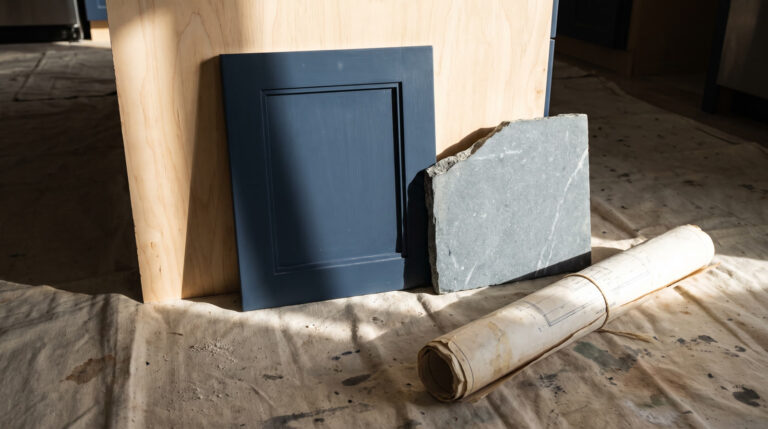 Kitchen cabinets and countertop during a remodel