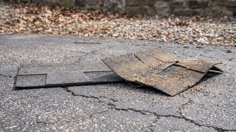 Worn asphalt shingles with granule loss