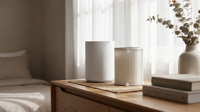 Compact air purifier and HEPA filter on a dresser