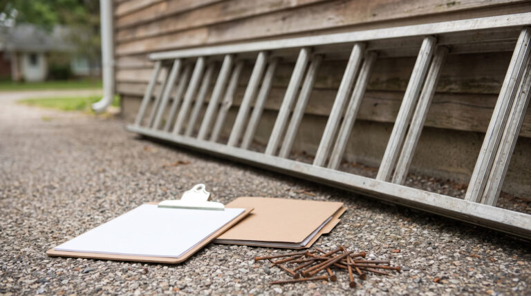 Ladder leaning against a house roof edge