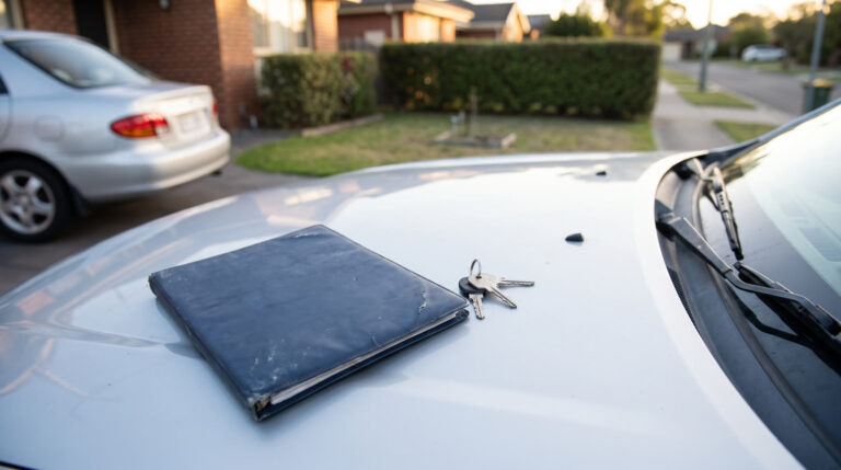 Closed policy folder and car keys on a sedan hood