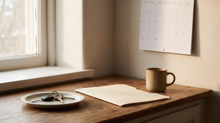 Coffee cup and paperwork on a sunlit table