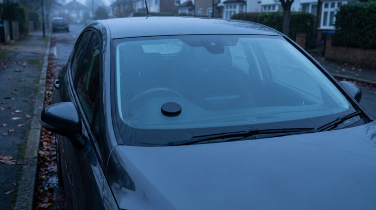 Windshield and hood of a blue parked car