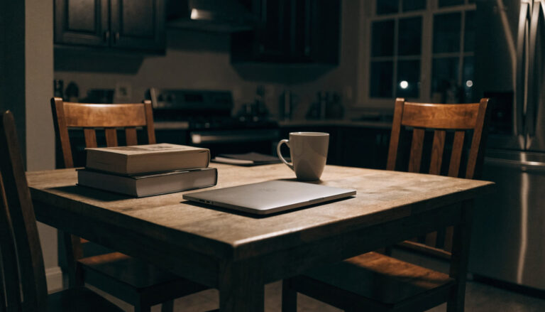 Desk with notebook and laptop