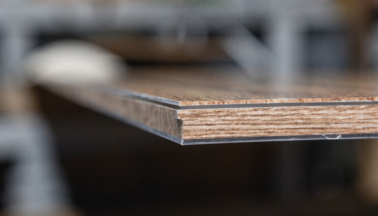 Cross-section sample of luxury vinyl plank flooring