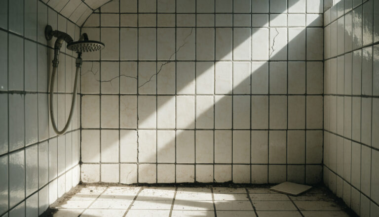 Unfinished bathroom tile work with exposed grout