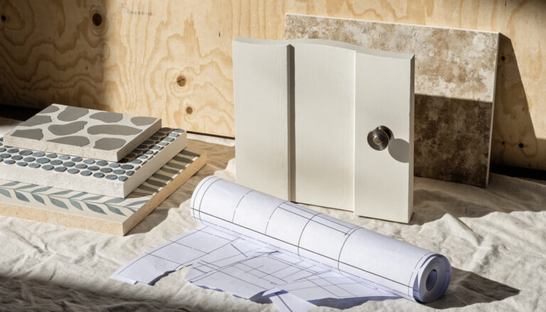 Bathroom tile samples with a rolled floor plan