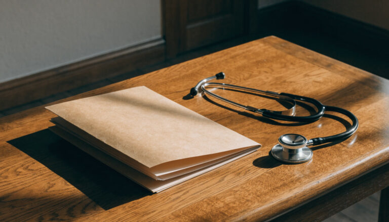 Medical scrubs with a pay stub and calculator