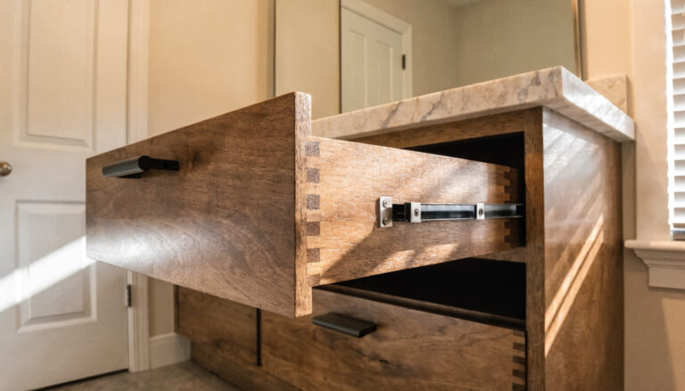 Bathroom vanity with countertop and hardware samples